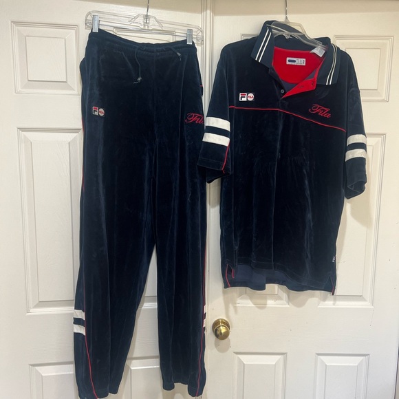Vintage Y2k‎ FILA Men Size XL VELOUR Shirt Pants 2pc Tracksuit Set WarmUp Blue